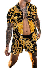Mens Black and Gold Patterned Shirt and Shorts Set