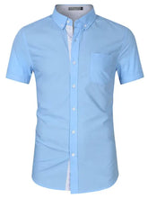 Mens short sleeve shirt in light blue with black base and red polka dot accents