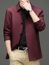 Men’s button up long sleeve jacket in sleek maroon satin finish with black buttons ideal for formal wear