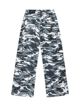 Mens camo cargo pants in gray-white camouflage with multi pockets