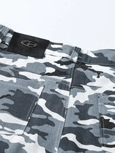Mens camo cargo pants in gray and white with black patch