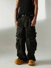 Mens camo multi-pocket cargo pants with black baggy distressed finish