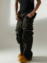 Distressed mens camo cargo pants with wide-leg fit and multi-pockets