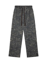 Mens camouflage cargo drawstring pants in dark grey pattern with elastic waist