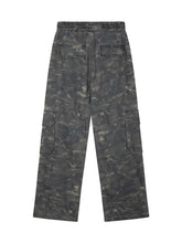 Mens camouflage cargo drawstring pants in dark gray camo print with elastic waistband