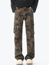 Men’s camouflage cargo jeans in brown and black camouflage print with multiple pockets for durable use