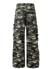 Mens camouflage cargo wide leg pants with side pockets and cinched details
