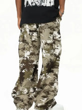 Mens camouflage cargo wide leg pants in white, brown, green camo pattern