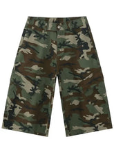 Mens camouflage denim cargo shorts with button fly and pockets