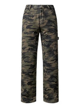 Men’s camouflage loose fit jeans in dark green and black woodland pattern made from durable denim fabric