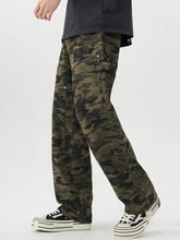 Men’s camouflage loose fit jeans in olive green dark brown and black cargo pattern with durable fabric