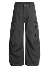 Mens cargo curved pants in dark gray with baggy fit and zippered pockets
