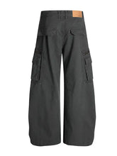 Dark gray mens cargo curved pants with multi pockets, machine wash