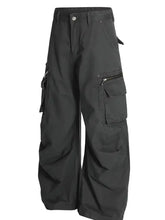 Dark gray baggy mens cargo curved pants with multi pockets, machine wash