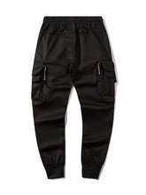 Mens cargo joggers with zippered thigh pockets and elastic waist