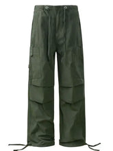 Dark green mens cargo pants with drawstring waist and adjustable ankles