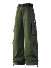 Olive green baggy mens cargo pants with black belt and drawstrings