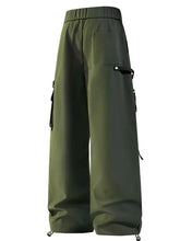 Dark green mens cargo pants with wide legs and multi pockets