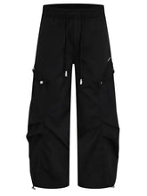Mens cargo wide leg pants with black cargo wide design, elastic waist, drawstring