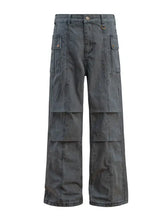 Mens casual cargo wide leg pants in dark gray washed material with multi-pockets