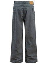 Mens casual cargo wide leg pants in gray with brown patch