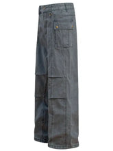Mens casual cargo wide leg pants in gray washed material with multi-pockets