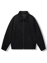 Men’s casual lightweight zip-up jacket in black with collar and front pocket, paired with light gray suede accents