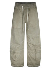 Mens casual loose sage green distressed cargo pants with drawstring waist