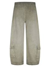 Mens casual loose cargo pants in faded olive green with drawstring waist