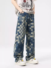 Men’s checkered wide leg jeans in blue and gray pixelated denim with a wide-leg cut for casual wear