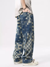 Men’s blue and beige checkered wide leg denim jeans with a pixelated pattern and a wide leg cut