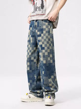 Men’s blue and gray checkered wide leg denim pants featuring a pixelated pattern for a stylish casual look