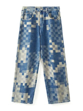 Men’s checkered wide leg jeans in blue and white pixelated denim with a comfortable wide leg cut