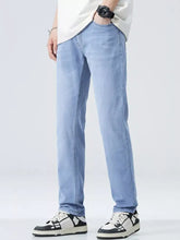 Men’s classic straight fit jeans in light-wash denim with straight fit and classic stitching visible in the image