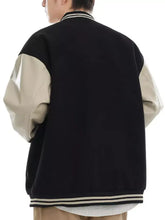 Men contrast snap down jacket with black and beige leather sleeves and ribbed collar sleeve cuffs and hem trim