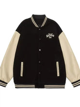 Men contrast snap down jacket in black and cream with embroidered invest yourself inc text on chest