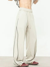 Mens contrast straight sweatpants: light gray wide-leg with black stripe