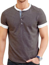 Mens contrast trim henley shirt in charcoal grey with white collar
