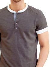Mens contrast trim henley shirt in charcoal gray with white trim