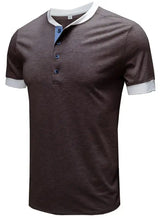 Mens contrast trim Henley shirt in dark brown with white collar and blue placket