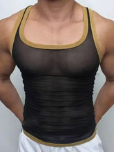 Mens contrast trim wide strap tank top in black mesh with tan trim on muscular model