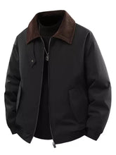 Men’s black bomber jacket with brown corduroy collar and front zipper closure for casual wear
