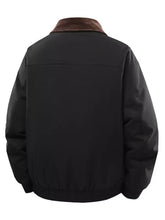 Men’s black bomber jacket with brown corduroy collar featuring casual corduroy collar design for everyday wear