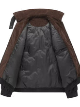 Men’s bomber jacket with brown corduroy collar and lining featuring a black quilted interior for casual wear