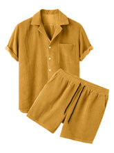 Men's Corduroy Shirt and Shorts Set in Blue and Olive Green Yellow