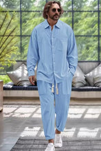 Mens Cotton Blend Lounge Pajama Set Two Piece Light Blue