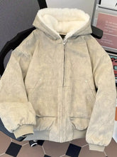 Beige suede hooded jacket for men with cozy sherpa lined interior and front zipper closure