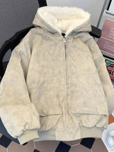 Men’s cozy sherpa lined hooded jacket in beige faux suede with plush white fur lining and two front pockets