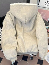 Men’s cozy sherpa lined hooded jacket in beige with plush white fur-lined hood and subtle textured fabric