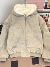 Men’s cozy sherpa lined hooded jacket in beige suede with plush white fur-lined hood and two front pockets